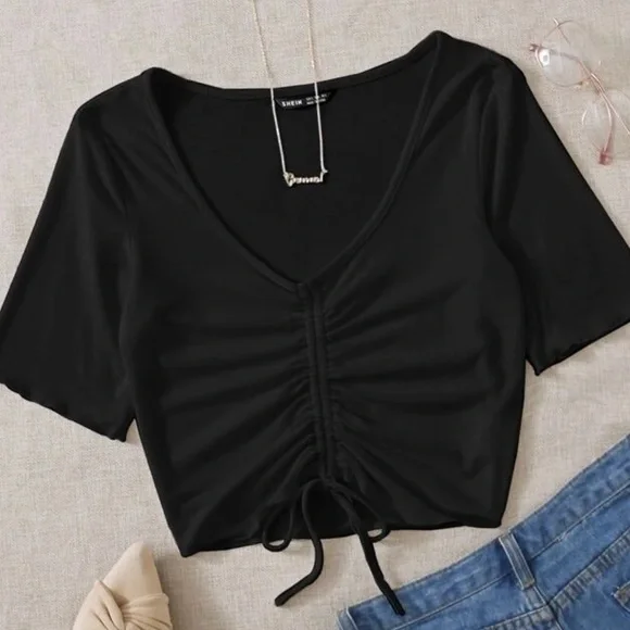 Shein Black Cropped Drawstring Ruched Tee, Size M - Picture 1 of 6